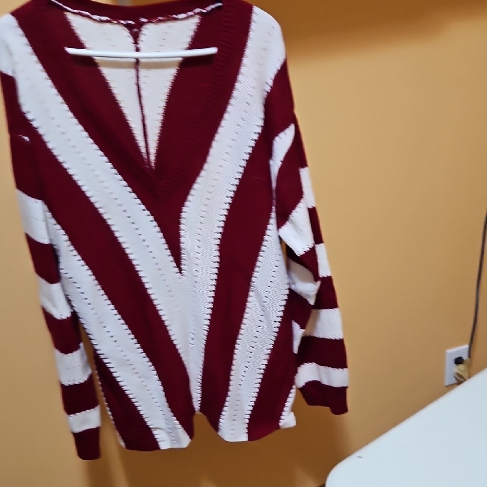 Red and White Striped V-Neck Sweater